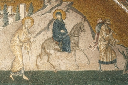 Istanbul, S. Salvatore in Chora, esonartece, prima campata, lunetta settentrionale, Il sogno di Giuseppe, la Vergine con due dame, il viaggio a Betlemme, part.