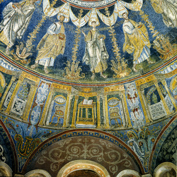 Ravenna, battistero Neoniano, Corteo degli apostoli ed Etimasia con troni e altari